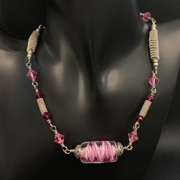 Artisan Handmade Pink Glass Crystal Bead Necklace - Picture 3 of 4